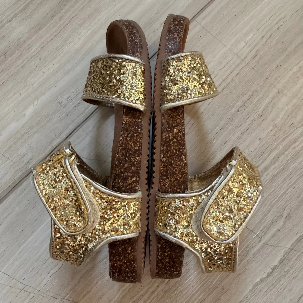 J.Crew Crewcuts Glitter Cork Sandals Gold Glam Vacation Going Out AV747 K10 EUC